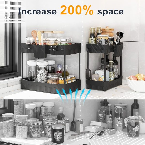 2 Pack Under Sink Organizer, Under Bathroom Cabinet Organizer with Hooks Hanging Cup, Multi-Purpose Storage Shelf for Kitchen Bathroom, Black - Image 2