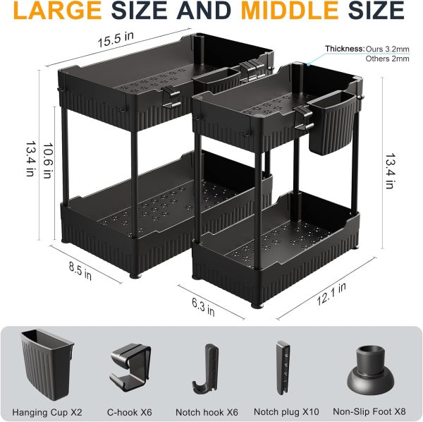 2 Pack Under Sink Organizer, Under Bathroom Cabinet Organizer with Hooks Hanging Cup, Multi-Purpose Storage Shelf for Kitchen Bathroom, Black - Image 5