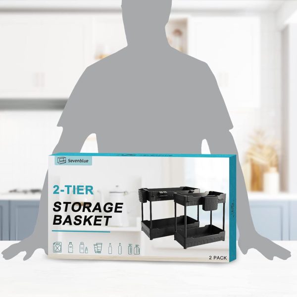 2 Pack Under Sink Organizer, Under Bathroom Cabinet Organizer with Hooks Hanging Cup, Multi-Purpose Storage Shelf for Kitchen Bathroom, Black - Image 7