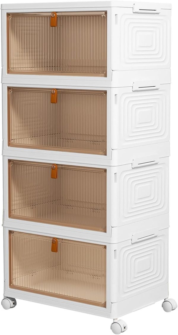4 Tier Plastic Storage Bins with Lid 23QT, Stackable Storage Containers with Wheels, Folding Storage Boxes, Collapsible Storage Bins, Closet Organizers and Storage for Living Room,Office,Dorm