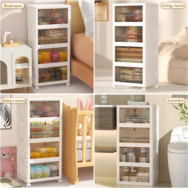 4 Tier Plastic Storage Bins with Lid 23QT, Stackable Storage Containers with Wheels, Folding Storage Boxes, Collapsible Storage Bins, Closet Organizers and Storage for Living Room,Office,Dorm - Image 3