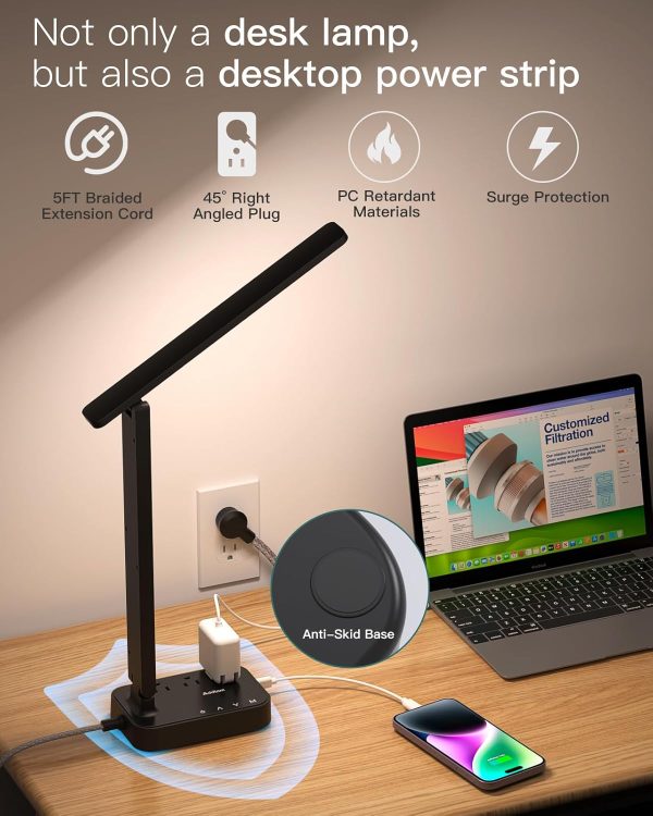 Addtam LED Desk Lamp, Power Strip with 3 Outlets 4 USB Charging Ports(2 USBC), 4 Modes 5 Level Brightness Touch Lamp, Small Desk Lamp for Home Office College Dorm Room Essentials - Image 6