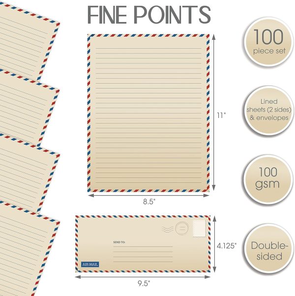 Better Office Products Vintage Airmail Stationery Paper Set, 100-Piece Set (50 Lined Sheets + 50 Matching Envelopes), Letter Size 8.5 x 11 inch, Double Sided & Lined Paper, - Image 2