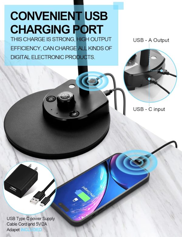 BOHON LED Desk Lamp with USB Charging Port 3 Color Modes Dimmable Reading Light Intelligent Induction Auto Dimming Task Lamp Flexible Gooseneck Table Lamp for Bedside Office, AC Adapter Include - Image 3