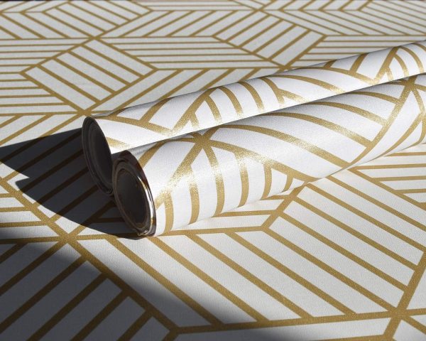 Gold and White Geometric Wallpaper Peel and Stick Wallpaper Boho Hexagon Removable Self Adhesive Wallpaper Gold Stripes Contact Paper Geometric Vinyl Film Decorative Shelf Drawer Waterproof 17.7”×118” - Image 6