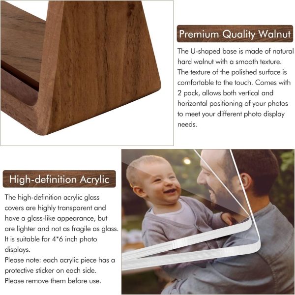 Mixoo 4x6 Wood Photo Picture Frame 2 Pack - Rustic Wooden Picture Frame with Walnut Wood Base and High Definition Break Free Acrylic Covers for Tabletop or Desktop Display (Horizontal + Vertical) - Image 2