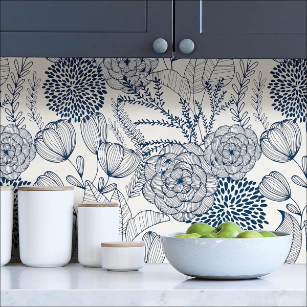 NuWallpaper NUS3830 Navy Secret Garden Peel & Stick Wallpaper, Blue - Image 2