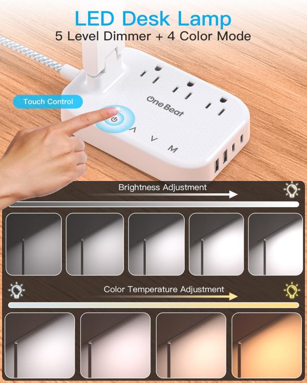 Power Strip with LED Desk Lamp, 3 Outlets 4 USB Ports(2 USBC) 4 Modes 5 Level Touch Lamp Small Desk Lamp for Home Office Bedroom Bedside, Study Reading Light, 5ft Extension Cord, Dorm Room Essentials - Image 3