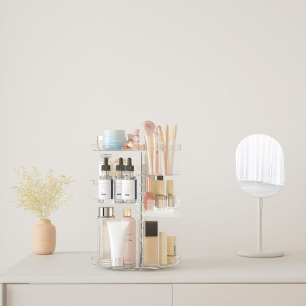 Rotating Makeup Organizer, DIY 8 Adjustable Layers Spinning Skincare Organizer, Cosmetic Display Case with Brush Holder Perfume Tray, Multi-Function Storage Carousel for Vanity Bathroom Countertop - Image 4