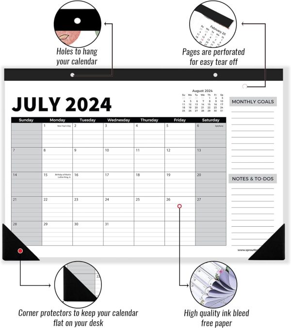 Sproutbrite 18 Month Calendar - Desk Calendar 2024-2025, Desktop Monthly Planner with To-Do List and Notes, Home, Office Desk Calendar (1 Pack, Jul 2024) - Image 5