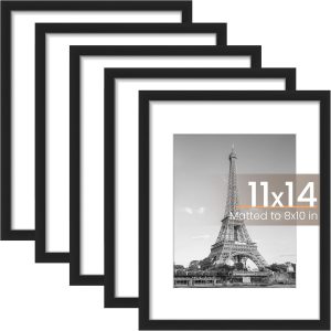 upsimples 11x14 Picture Frame Set of 5, Display Pictures 8x10 with Mat or 11x14 Without Mat, Wall Gallery Photo Frames, Black