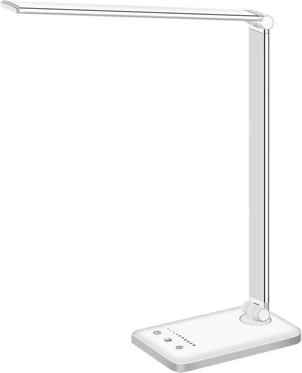 white crown LED Desk Lamp Dimmable Table Lamp Reading Lamp with USB Charging Port, 5 Lighting Modes, Sensitive Control, 30/60 Minutes Timer (White & Silver)