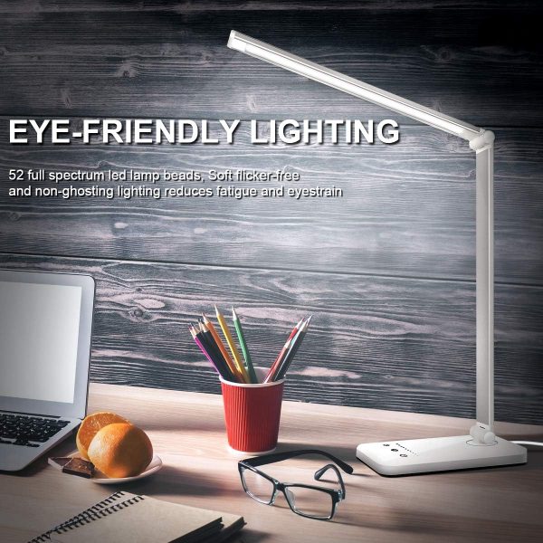 white crown LED Desk Lamp Dimmable Table Lamp Reading Lamp with USB Charging Port, 5 Lighting Modes, Sensitive Control, 30/60 Minutes Timer (White & Silver) - Image 2