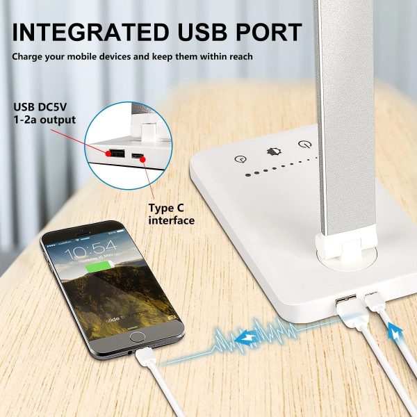 white crown LED Desk Lamp Dimmable Table Lamp Reading Lamp with USB Charging Port, 5 Lighting Modes, Sensitive Control, 30/60 Minutes Timer (White & Silver) - Image 5