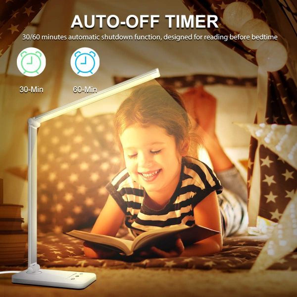 white crown LED Desk Lamp Dimmable Table Lamp Reading Lamp with USB Charging Port, 5 Lighting Modes, Sensitive Control, 30/60 Minutes Timer (White & Silver) - Image 6