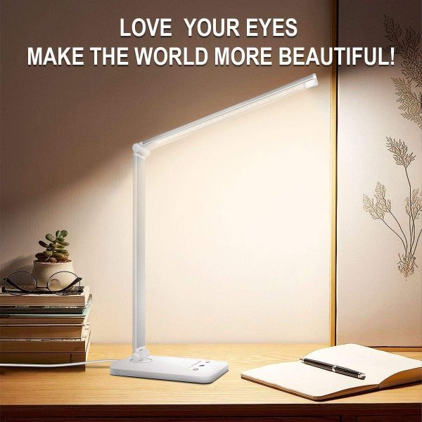 white crown LED Desk Lamp Dimmable Table Lamp Reading Lamp with USB Charging Port, 5 Lighting Modes, Sensitive Control, 30/60 Minutes Timer (White & Silver) - Image 7
