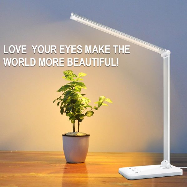 white crown LED Desk Lamp Dimmable Table Lamp Reading Lamp with USB Charging Port, 5 Lighting Modes, Sensitive Control, 30/60 Minutes Timer (White & Silver) - Image 8