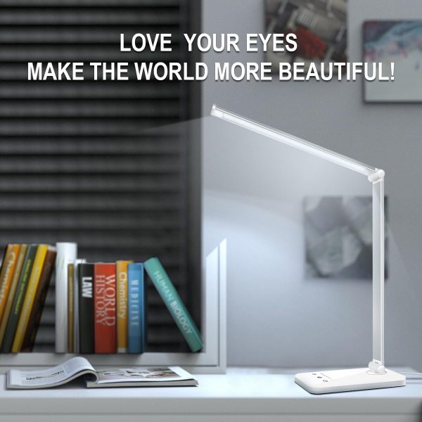 white crown LED Desk Lamp Dimmable Table Lamp Reading Lamp with USB Charging Port, 5 Lighting Modes, Sensitive Control, 30/60 Minutes Timer (White & Silver) - Image 9
