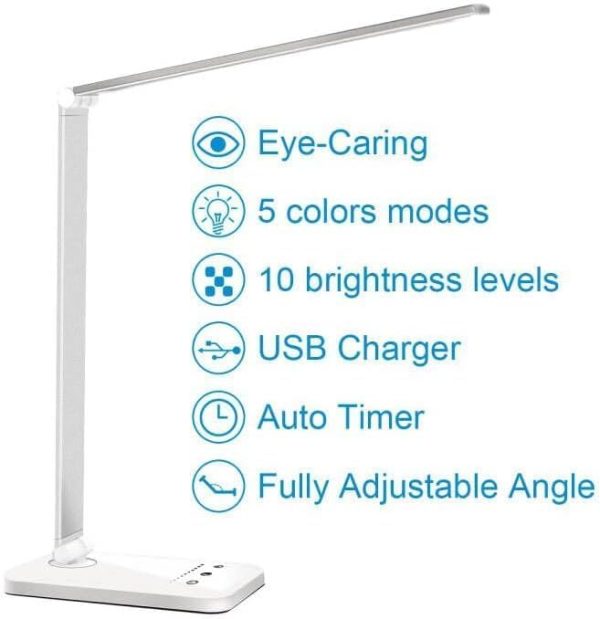 white crown LED Desk Lamp Dimmable Table Lamp Reading Lamp with USB Charging Port, 5 Lighting Modes, Sensitive Control, 30/60 Minutes Timer (White & Silver) - Image 10